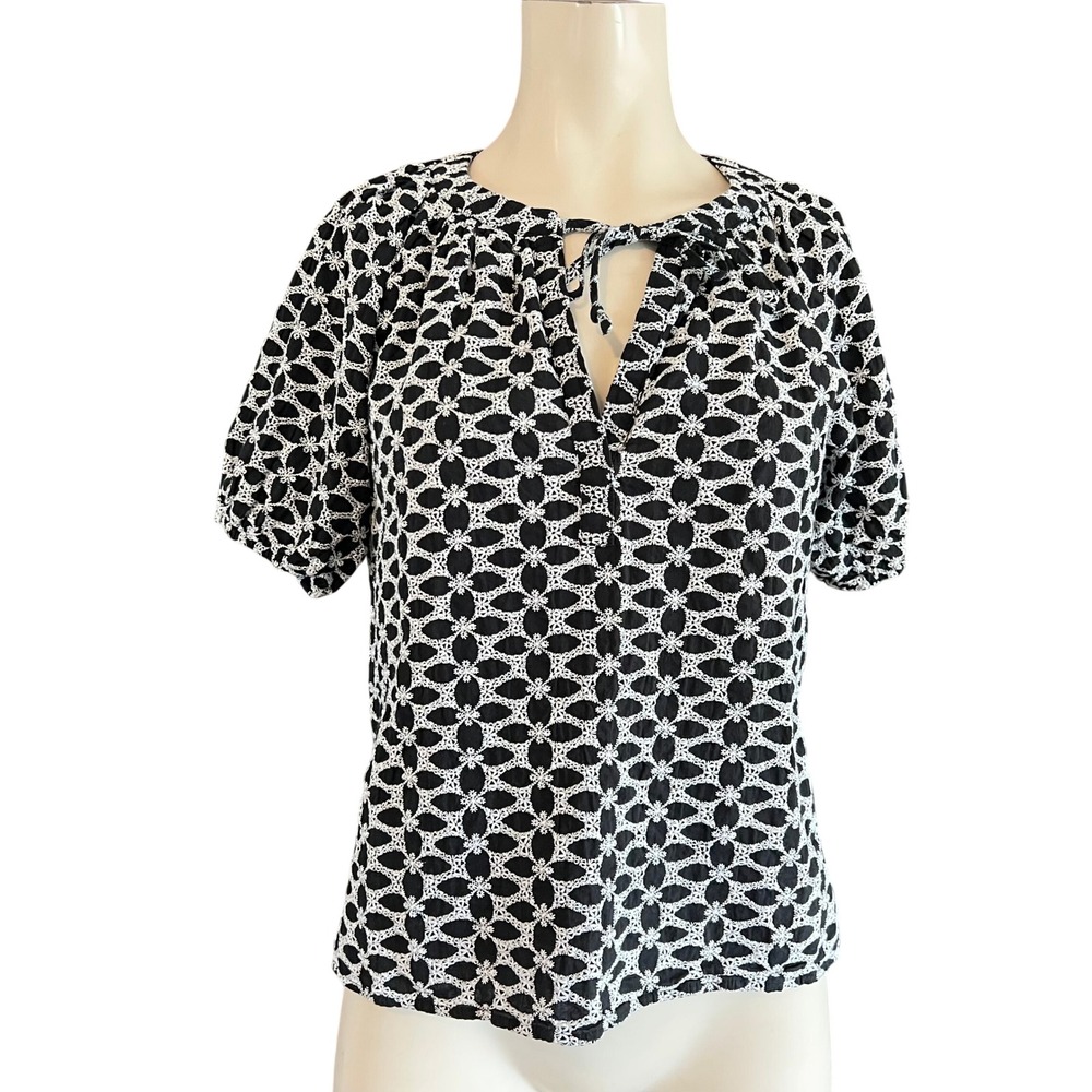 LOFT Black White Embroidered Cotton Split Neck Tie Blouse Small Short Sleeve